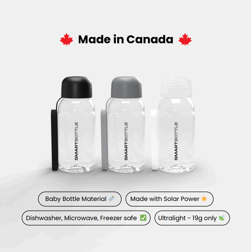 Three clear baby bottles with black, gray, and white lids on a light gray background, featuring the SMARTBOTTLE brand.