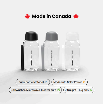 Three clear baby bottles with black, gray, and white lids on a light gray background, featuring the SMARTBOTTLE brand.