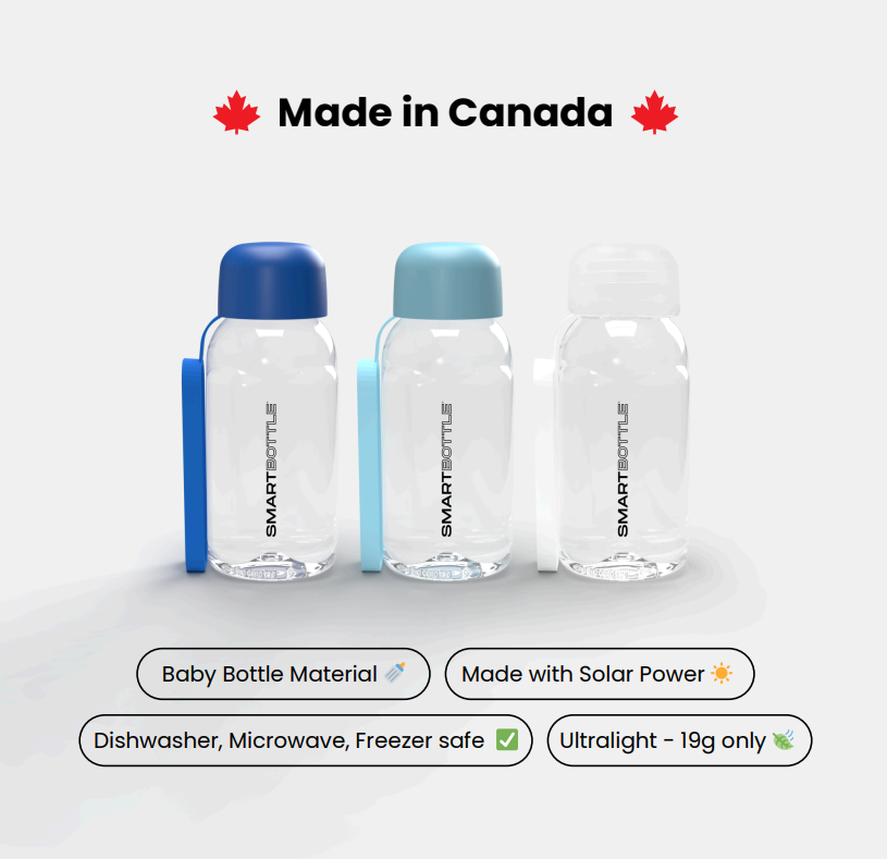 Three baby bottles with blue and clear designs on a white background, featuring the SMARTBOTTLE brand.