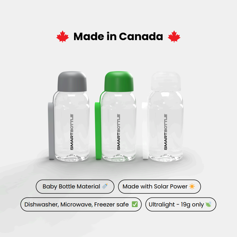 Three clear bottles with colored lids on a white background, featuring the SMARTBOTTLE brand.