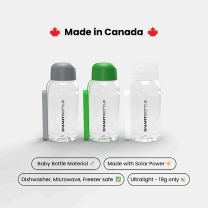 Three clear bottles with colored lids on a white background, featuring the SMARTBOTTLE brand.
